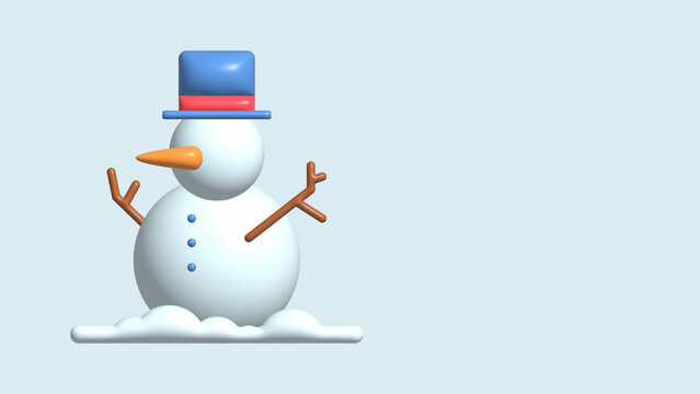 3d illustration banner of snowman on soft blue background
