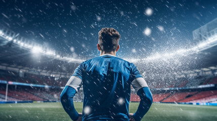 soccer player on a stadium. backside view. Movement feeling, blurry background. Particles in the background like snowflakes - Generative AI