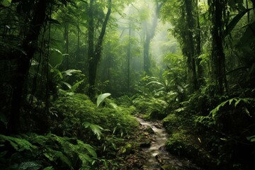 A dense, lush rainforest with minimal light. Generative AI