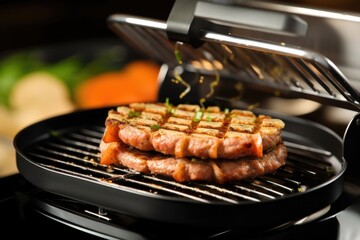 close-up shot of a sausage grilling in a sandwich press