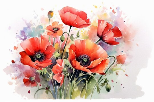 Vivid poppy painting of spring flowers in watercolor on a white background. Generative AI