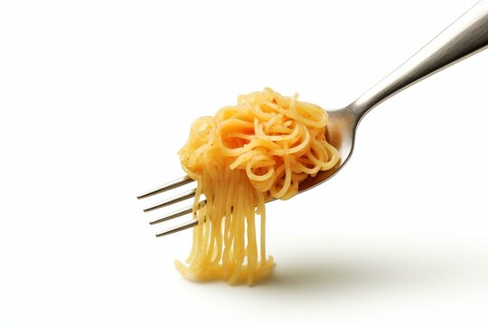 Illustration Of Spaghetti On Fork With Raster Pasta Against White Background. Generative AI