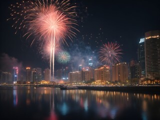 Celebrate the new year, a city with fireworks, AI generated