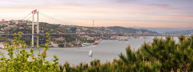 Aerial dawn shot of Istanbul city from Fethi Pasha Grove overlooking Bosphorus strait, with...