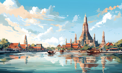Scenery of Wat Arun, Bangkok, Thailand in illustrations, presentation images, travel image ideas, tourism promotion, postcards, generative AI - obrazy, fototapety, plakaty
