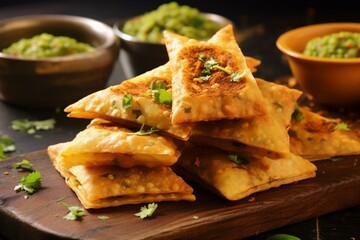 Crispy and spicy Indian triangle snack with outer layer of maida and filling of mashed potato, peas, and spices. Generative AI