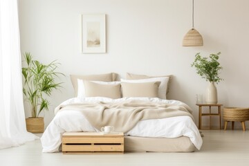 a peaceful bedroom having neutral colored linen