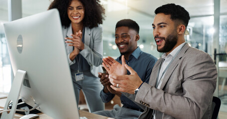 People, team and collaboration in celebration at office for success, achievement or goal in...