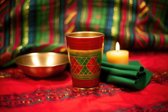 kwanzaa unity cup and candles positioned on a vivid cloth