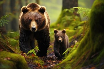 a bear cub following its mother in woodland