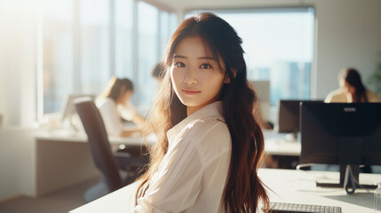 sunlit, nervous pose, facial trouble, ugly but cute, nomal asian girl in office - Generative AI - obrazy, fototapety, plakaty