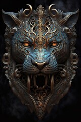 a majestic tiger's head in a fantasy art style. The tiger's fur is a deep orange color with black stripes, and its sharp teeth and claws are bared in a fierce expression.
