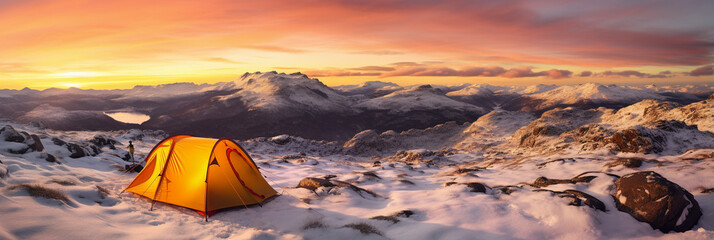 the middle of winter, snowy, golden sunrise illuminating tent camping dramatic mountain landscape panorama scotland - Generative AI