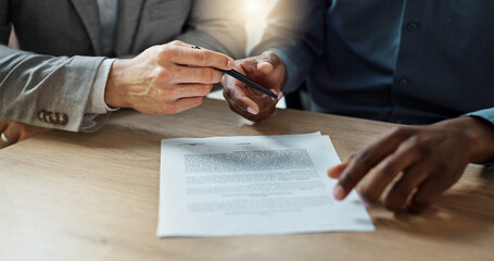 Business, hands and writing signature on contract or legal documents for application or agreement in office. Explain, pointing and person show paperwork or form to client in workplace or company