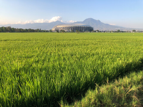 The beauty of the Gelora Bandung Lautan Api Stadium with a view of rice fields and mountains in Bandung