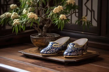 Fotobehang oriental slippers near a bonsai tree on a wooden table © Alfazet Chronicles