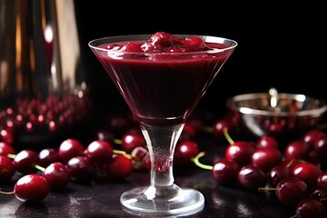 smoothie with blended cherries in vermouth glass, with cherries on top