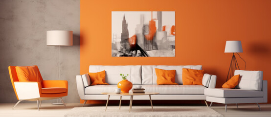 Modern living room with white furniture, in the style of light orange, rounded, minimalist still life