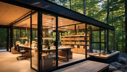 Obraz premium Eco-friendly glass office featuring sustainable building with green environment and trees