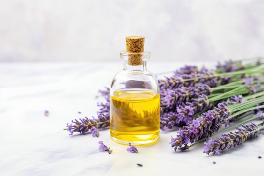 lavender oil in small glass bottle on white marble