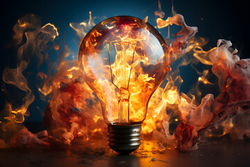 Creative light bulb explodes with fire and splashes on a dark background. Think differently creative idea concept - obrazy, fototapety, plakaty