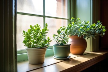 Fototapeta na wymiar small jade plants by a bright loft apartment window