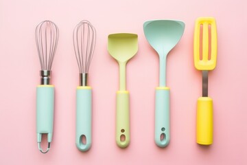 flat lay of kitchen tools on a pastel surface