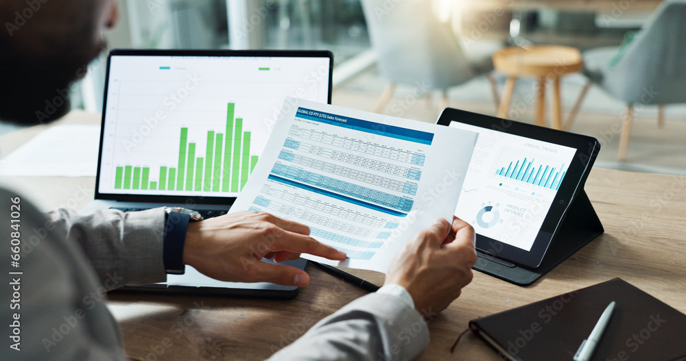 Poster hands, laptop and chart with paper for business man, analysis or check progress of economy, investme