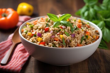 a bowl of brown rice with an array of colorful veggies - obrazy, fototapety, plakaty