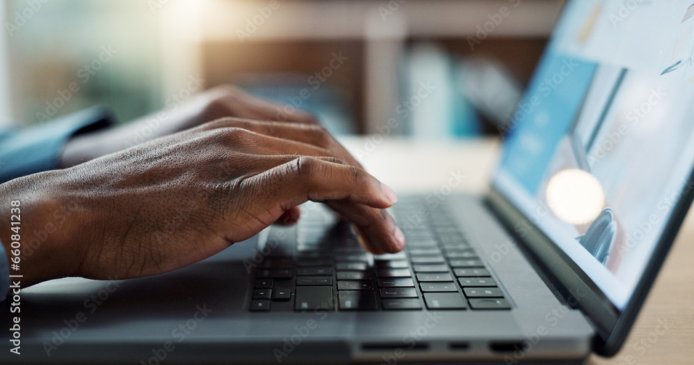 Poster hands typing, laptop keyboard and closeup at desk, web design and planning for user experience on ap