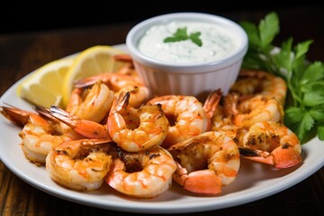 grilled shrimp with a white dipping sauce in shot