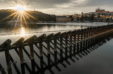 Vltava river at sunset and view of Prague Hill. The Czech Republic.