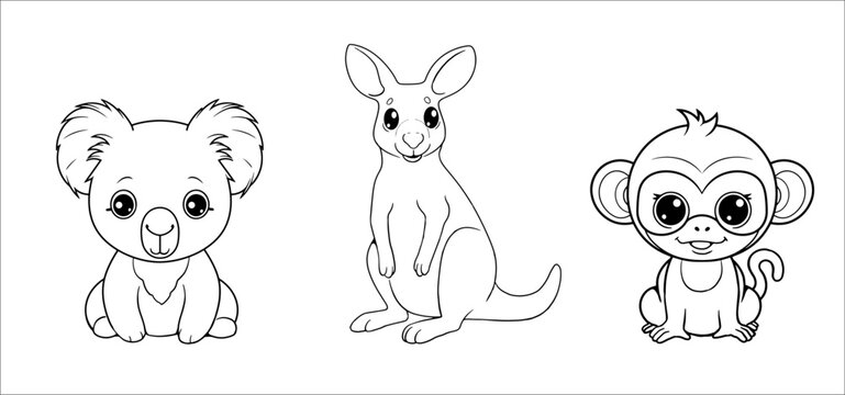 Cute funny monkey, koala and kangaroo for coloring. Vector template for a coloring book with funny animals. Colouring page for kids.	
