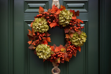Fototapeta na wymiar A wreath of dry hydrangea and autumn leaves on a green front door. Thanksgiving decor.