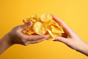 Two hands picking up a handful of potato chips in the air - obrazy, fototapety, plakaty