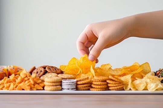 Hand taking a chips potatoes from a table full of junk food