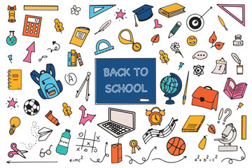 Background of school icons in doodle style. School education. Back to school doodle drawing. Vector illustration