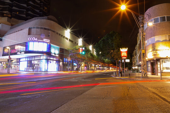 Exterior view of the Dizengoff Shopping Mall at night, Tel Aviv, Israel