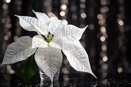 White Poinsettia With Silver Tinsel Backdrop