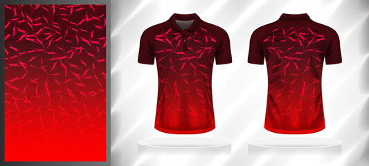 Vector sport pattern design template for Polo T-shirt front and back with short sleeve view mockup. Dark and light shades of red color gradient abstract texture background  illustration.