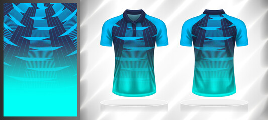 Vector sport pattern design template for Polo T-shirt front and back with short sleeve view mockup. Dark and light shades of blue color gradient abstract geometric line texture background. © WK Dannait B
