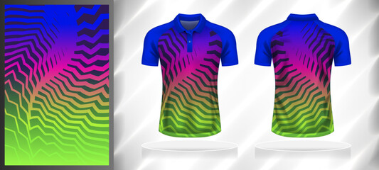 Vector sport pattern design template for Polo T-shirt front and back with short sleeve view mockup. Shades of blue-pink-green color gradient abstract geometric texture background illustration.