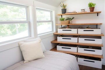 built-in storage solutions in tiny house bedroom