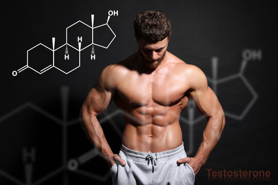 Muscular man and structural formula of testosterone on black background, closeup