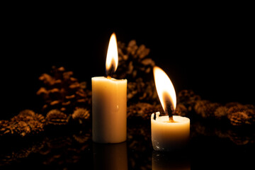 Fototapeta na wymiar Two candles with pine wood flowers