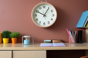 wall clock above a study desk with stationery