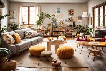 A -friendly living room with cozy  beds, toys, and -friendly furniture.