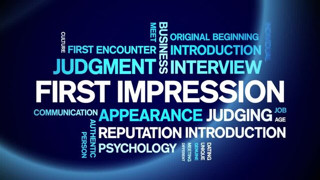 First impressions animated tag word cloud;text design animation kinetic typography seamless loop.