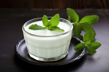 Obraz na płótnie Canvas traditional greek-style coconut yogurt with a mint leaf