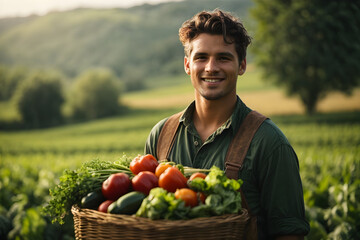 A famer holding a basket of vegetables.